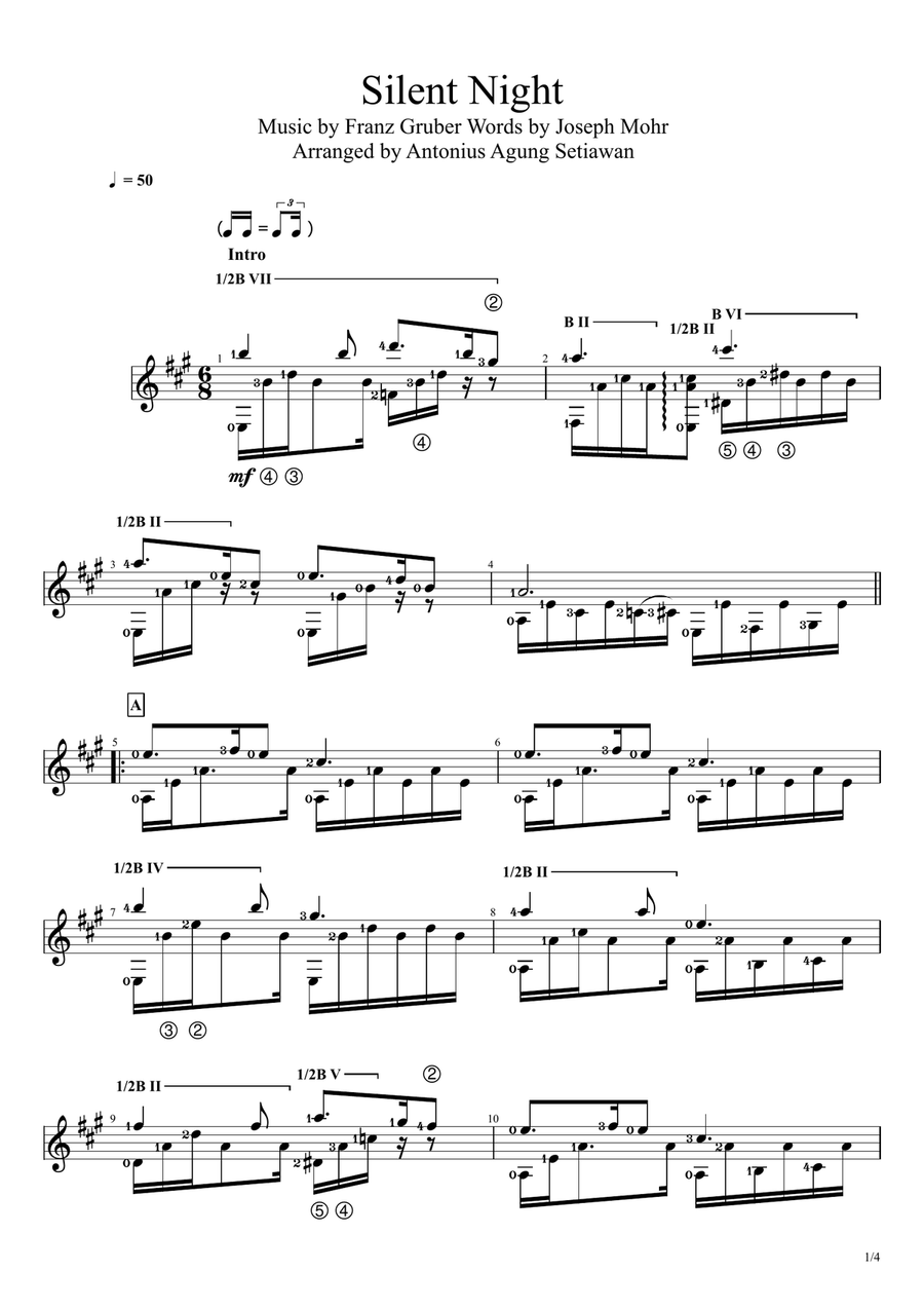 Silent Night (in A Major Scale) Guitar Solo scores gallery preview page 1