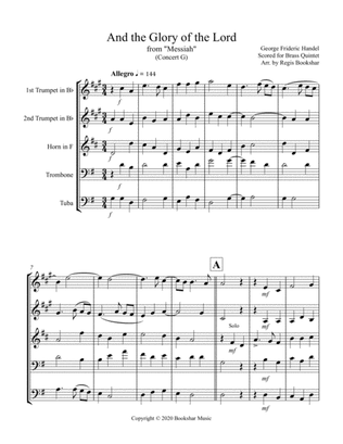 Book cover for And the Glory of the Lord (from "Messiah") (G) (Brass Quintet - 2 Trp, 1 Hrn, 1 Trb, 1 Tuba)