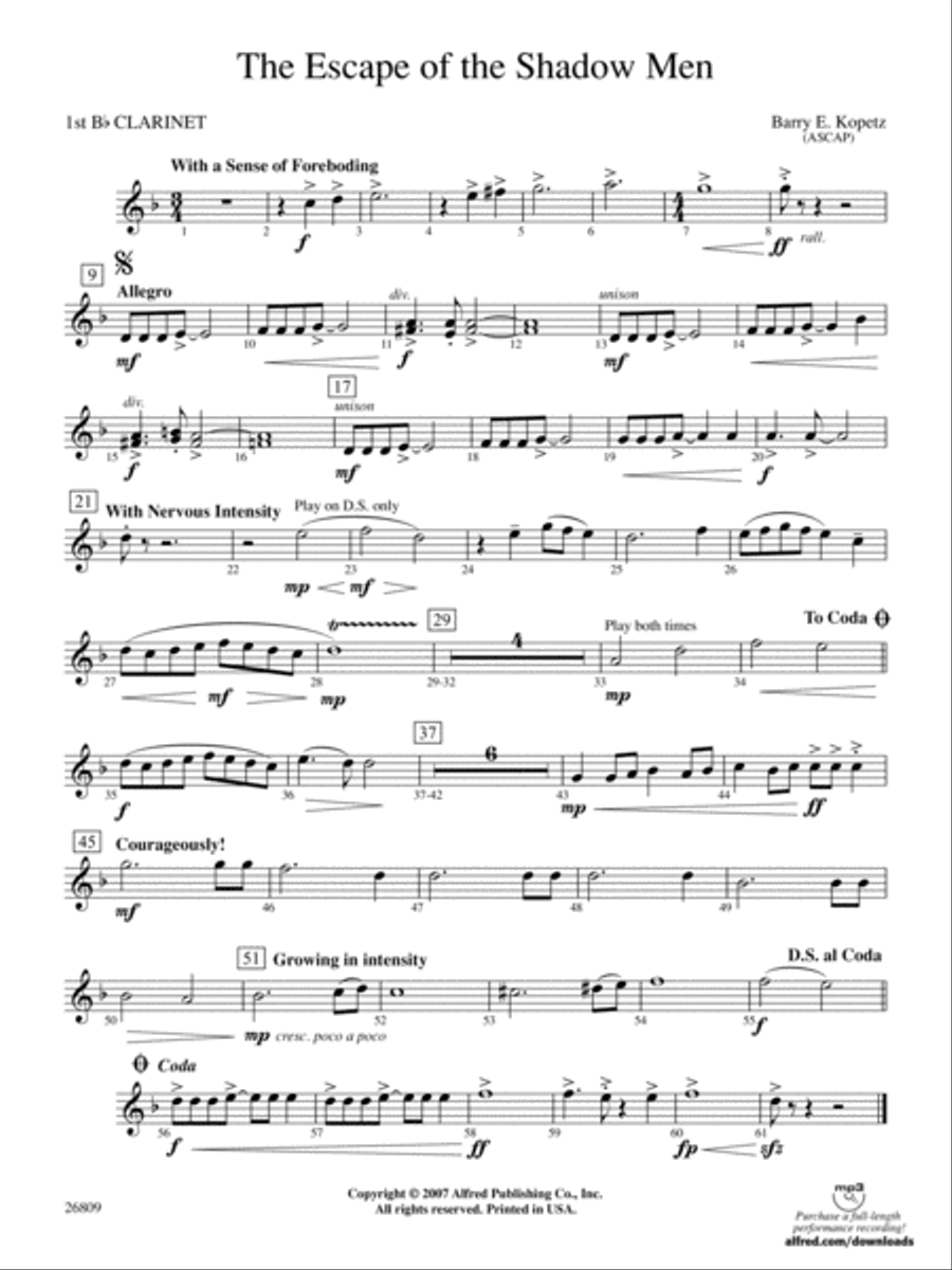 The Escape of the Shadow Men: 1st B-flat Clarinet Concert Band scores gallery preview page 1