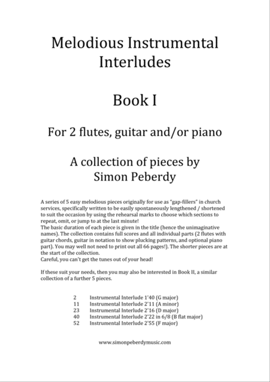 Instrumental Interludes Book I (5 pieces), for 2 flutes, guitar and/or piano by Simon Peberdy image number null