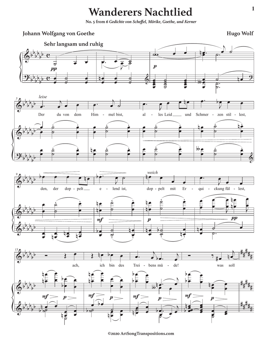 WOLF: Wanderers Nachtlied (transposed to G-flat major) Piano, Vocal scores gallery preview page 2