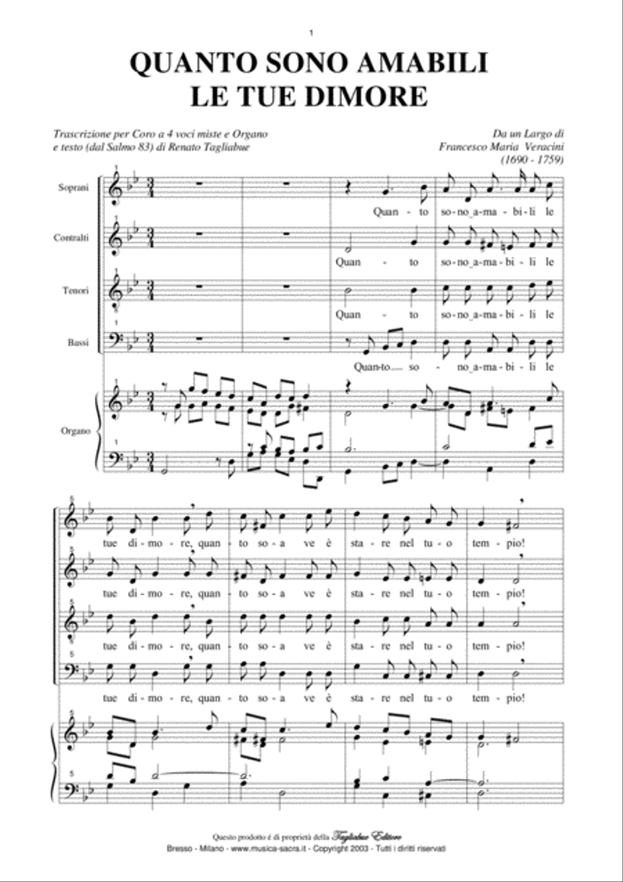 LARGO - Veracini - QUANTO AMABILI SONO LE TUE DIMORE - Arr. for SATB Choir and Organ 4-Part scores gallery preview page 2