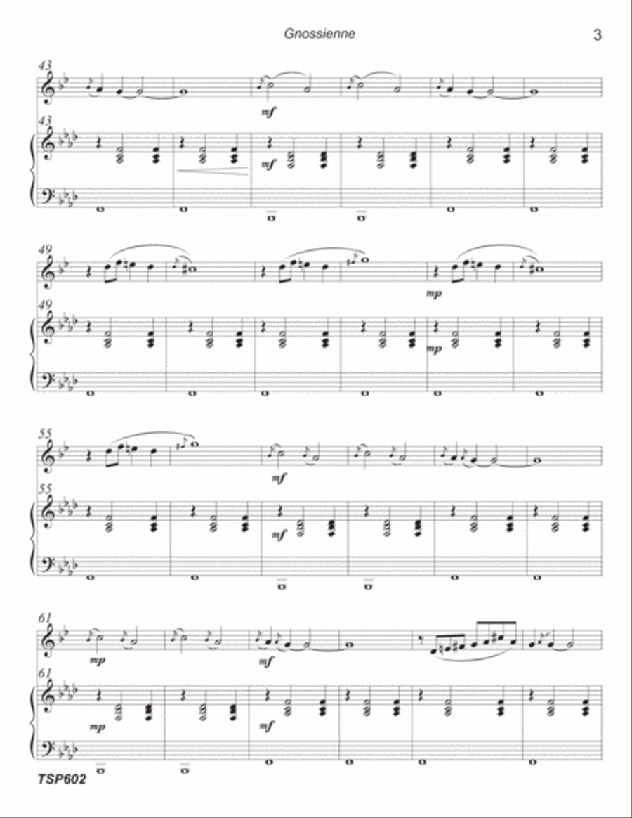 GNOSSIENNE - TRUMPET SOLO with PIANO ACCOMPANIMENT based on 3 Erik Satie Piano Solos. Trumpet Solo scores gallery preview page 3
