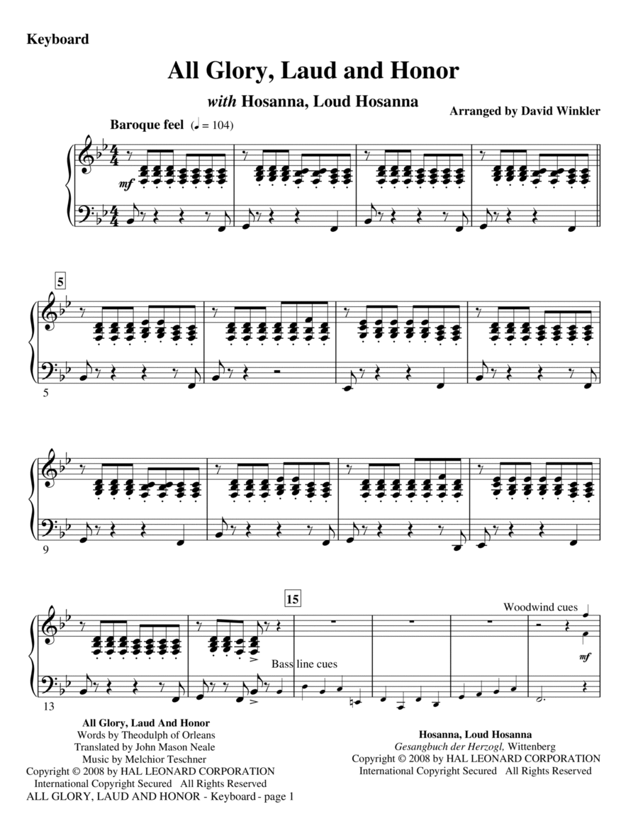 All Glory, Laud, And Honor (with Hosanna, Loud Hosanna) - Keyboard Piano scores gallery preview page 1
