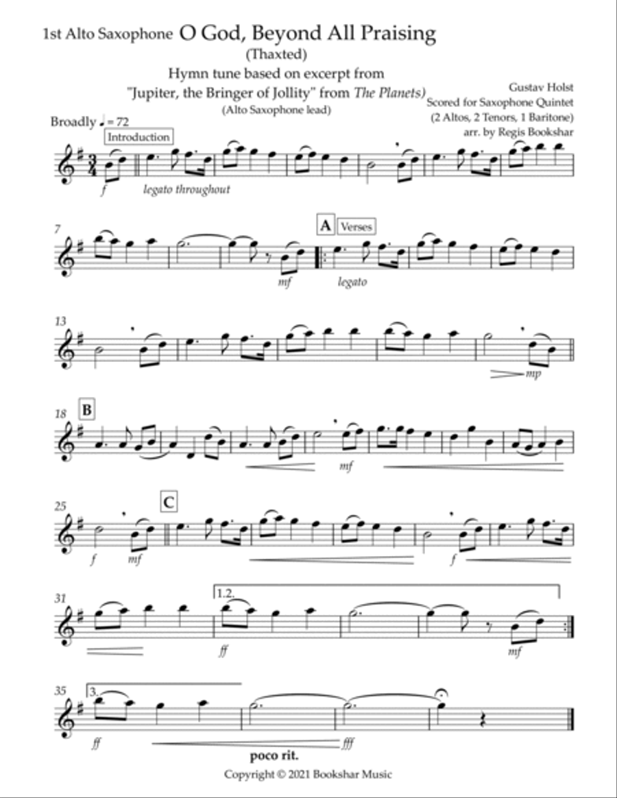 O God, Beyond All Praising (Thaxted) (Bb) (Saxophone Quintet - 2 Alto, 2 Tenor, 1 Bari) (Alto lead) Saxophone Quintet scores gallery preview page 5