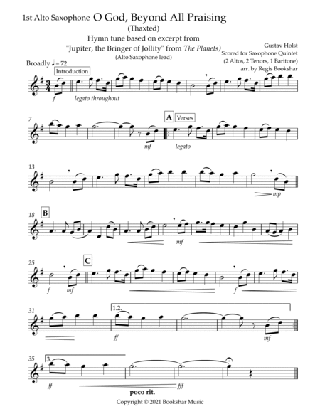 O God, Beyond All Praising (Thaxted) (Bb) (Saxophone Quintet - 2 Alto, 2 Tenor, 1 Bari) (Alto lead) image number null