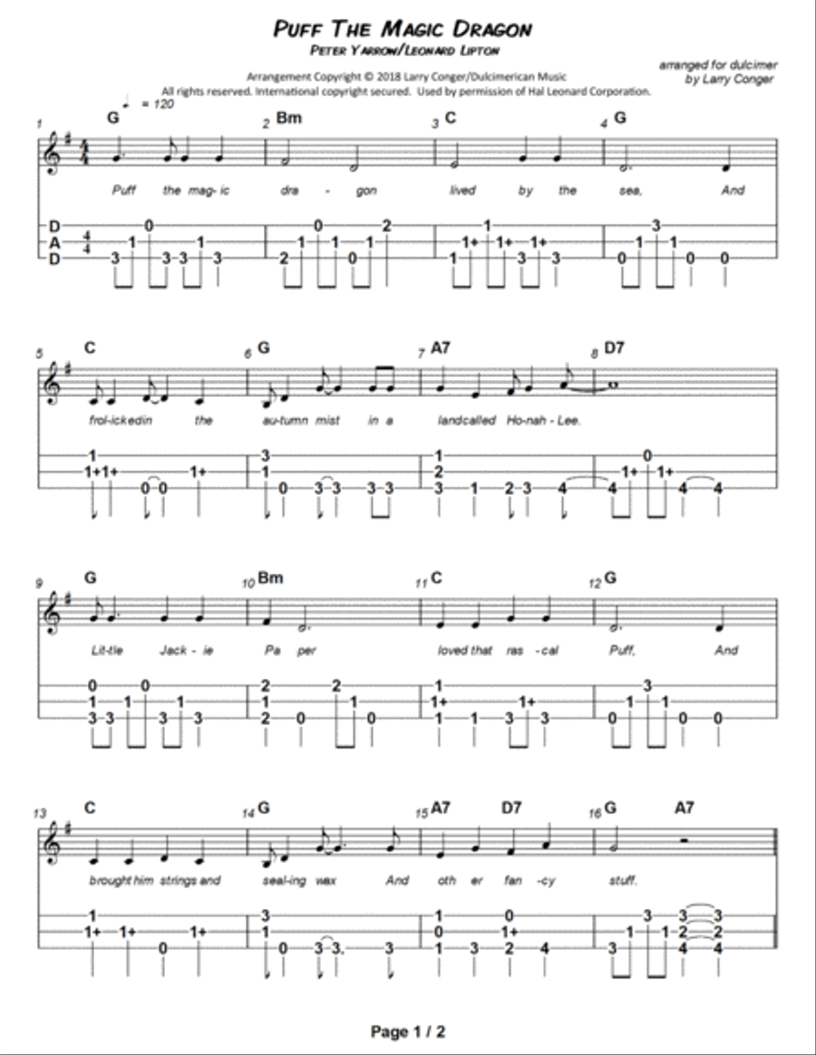Puff The Magic Dragon Dulcimer scores gallery preview page 2