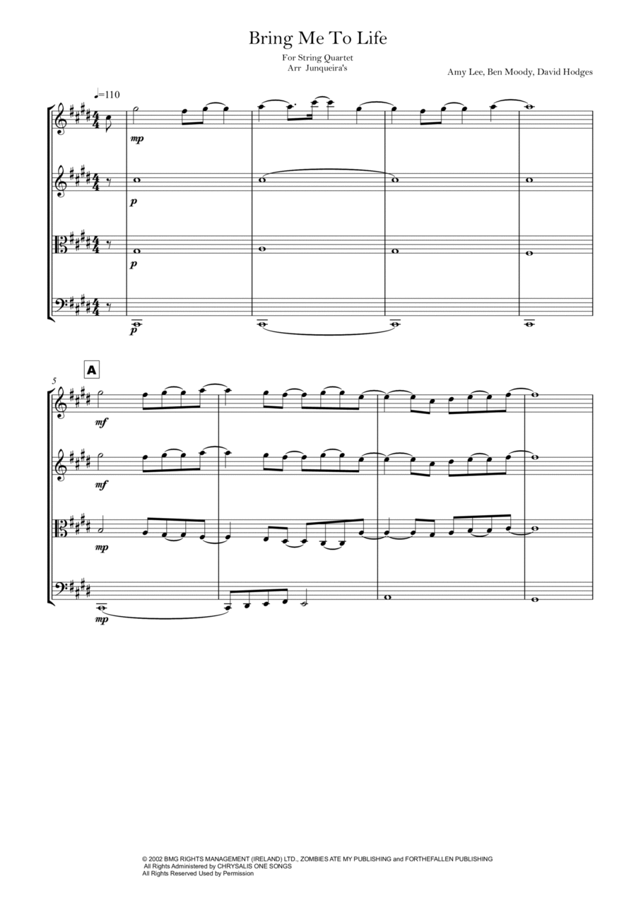 Bring Me To Life String Quartet scores gallery preview page 1
