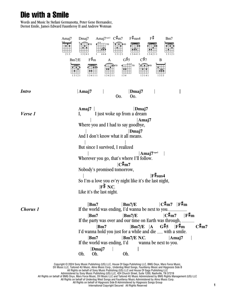 Die With A Smile Acoustic Guitar scores gallery preview page 1