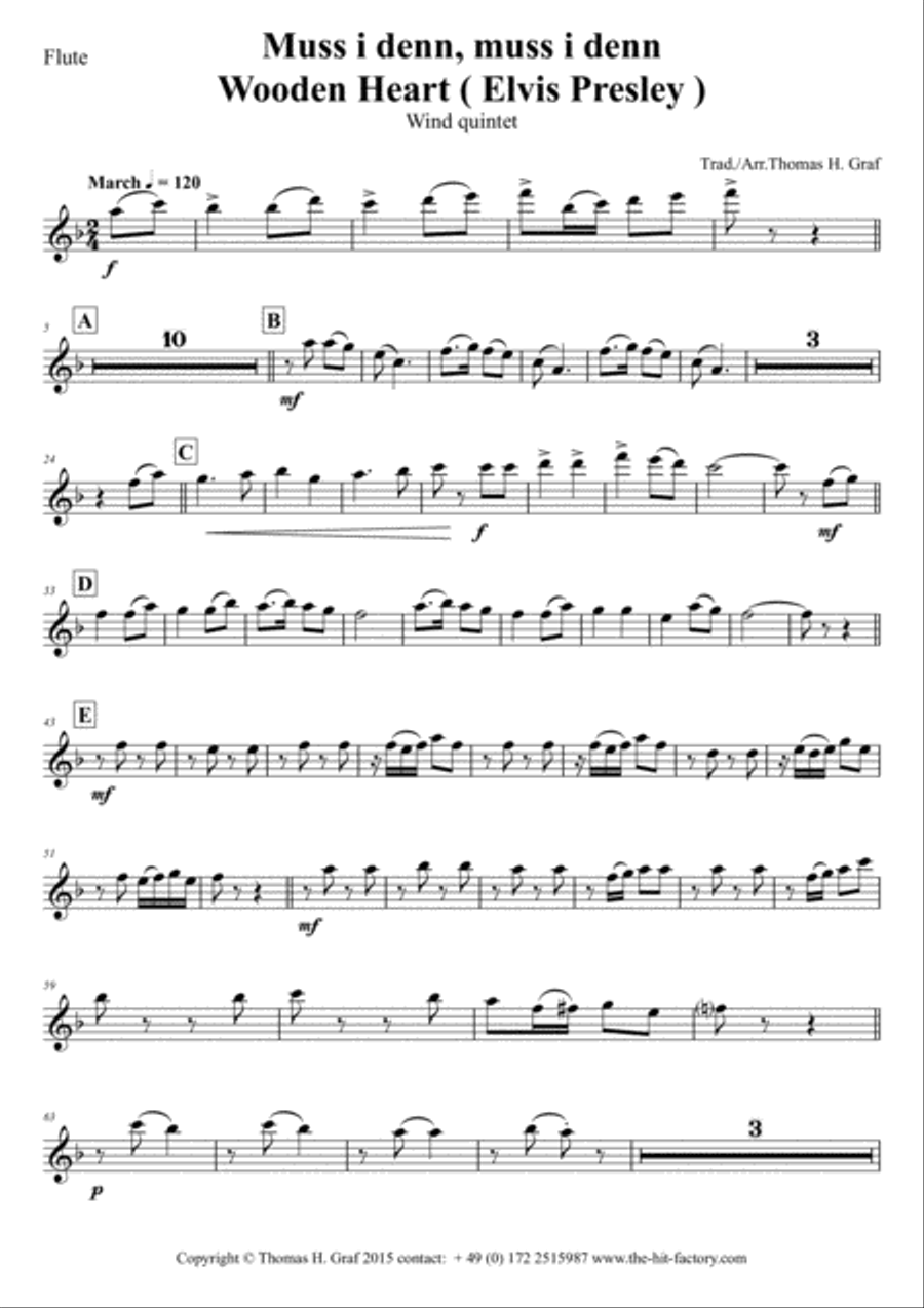 Muss i denn, muss i denn, zum Städele hinaus - Wooden Heart (Elvis Presley) - Wind Quintet Woodwind Quintet scores gallery preview page 6