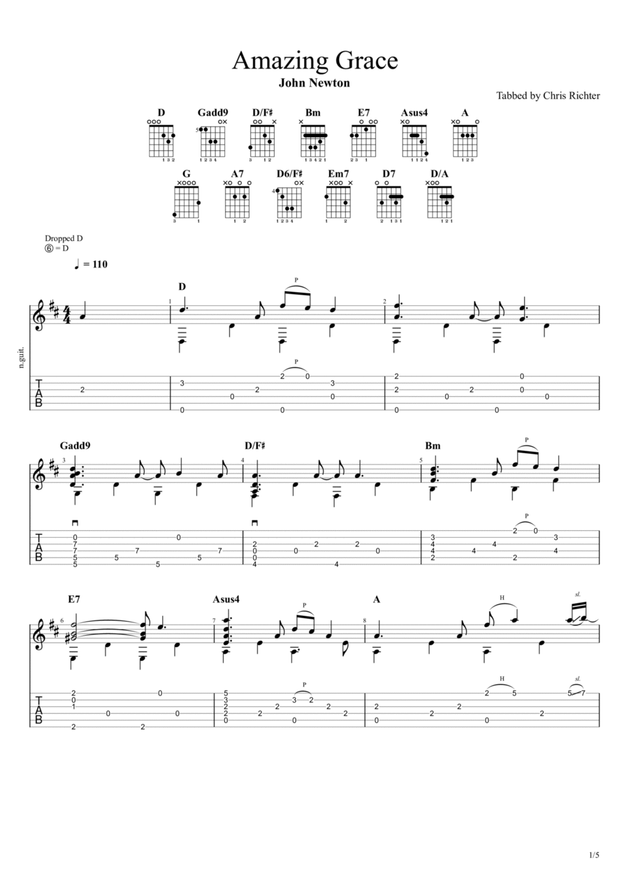 Amazing Grace, How Sweet the Sound Guitar Tablature scores gallery preview page 1