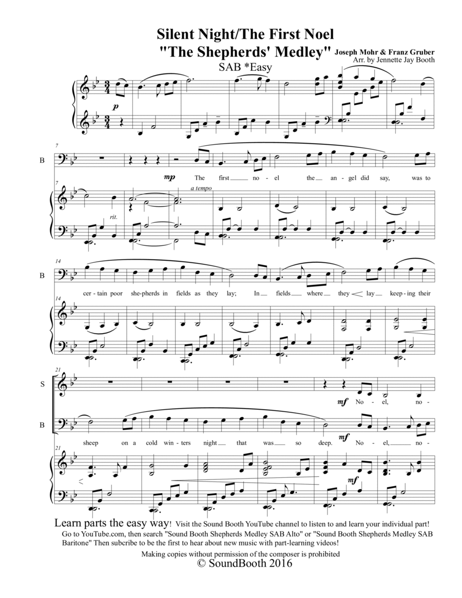 The Shepherd's Medley (The First Noel/Silent Night) SAB 3-Part scores gallery preview page 1