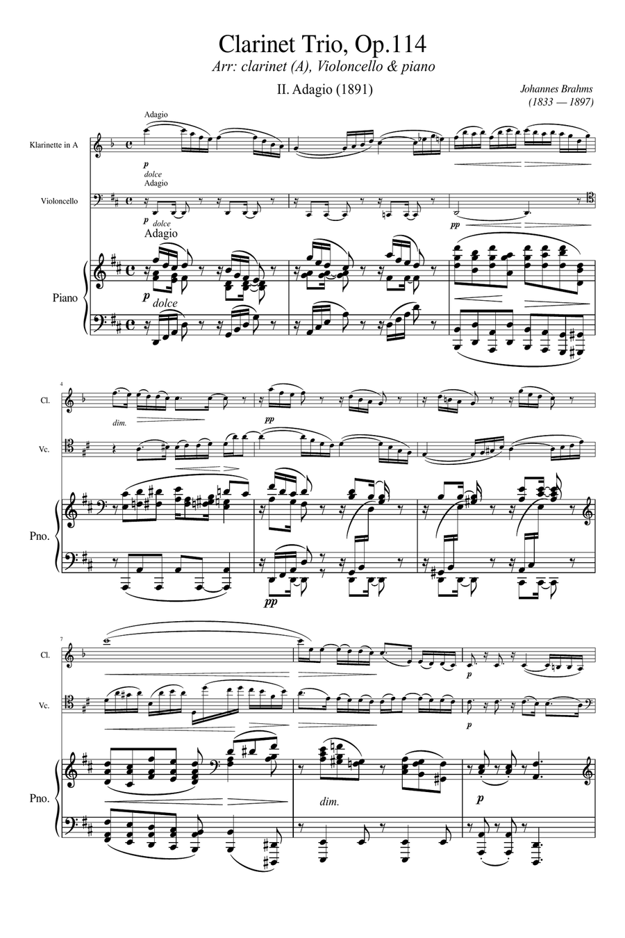 Brahms - Clarinet Trio, Op.114 2nd Mvt - For Clarinet in A, Violoncello & Piano Original Clarinet Trio scores gallery preview page 1