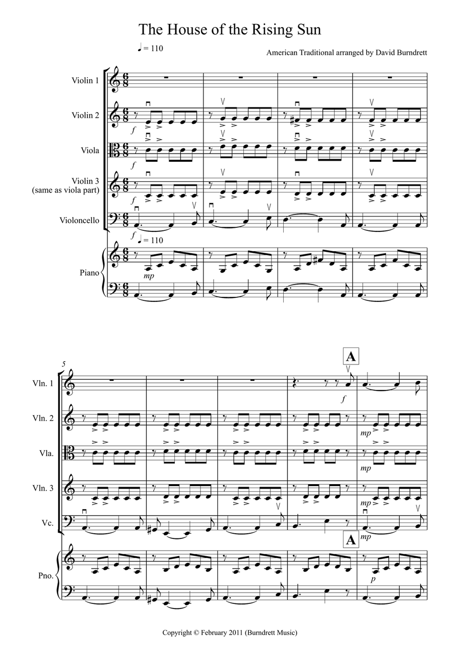 House of the Rising Sun for String Quartet String Quartet scores gallery preview page 1