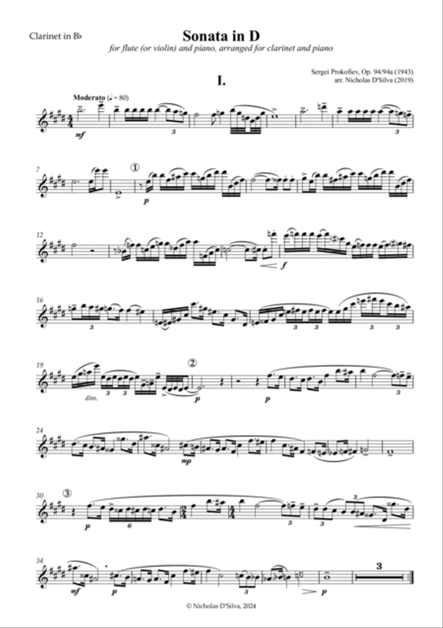 S. Prokofiev - Flute Sonata in D, Op. 94 arranged for clarinet and piano (Solo Part Only) Chamber Music scores gallery preview page 3