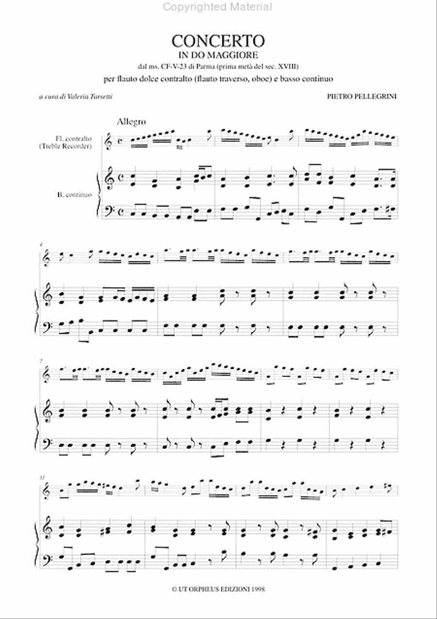Concerto in C Major from the ms. CF-V-23 of the Biblioteca Palatina in Parma (early 18th century) for Treble Recorder (Flute, Oboe) and Continuo Flute scores gallery preview page 2