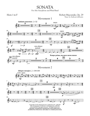 Sonata for Alto Saxophone, Op. 29 - F Horn 1