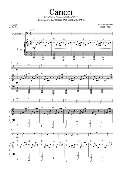 "Canon" by Pachelbel - EASY version for DOUBLE BASS SOLO with PIANO image number null