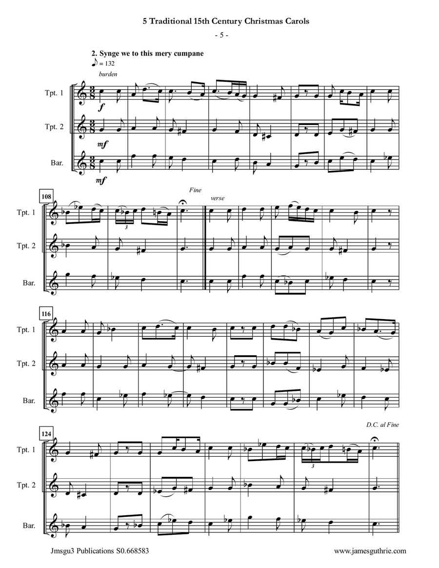 5 Traditional 15th Century Christmas Carols for Trumpet Duo & Baritone Horn Brass Duet scores gallery preview page 5