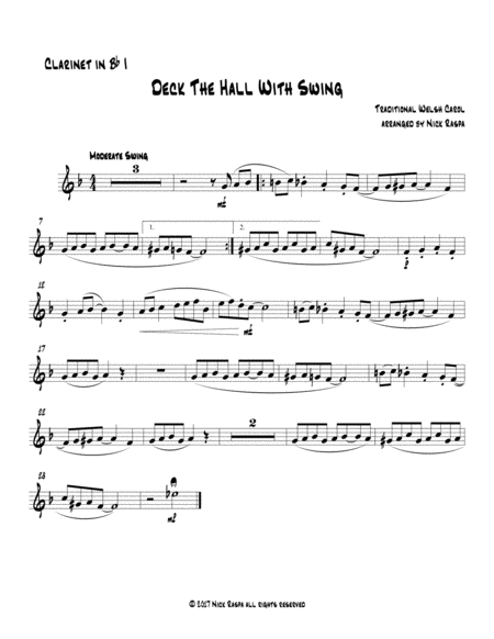 Deck The Hall With Swing (B flat Clarinet 1 part for Clarinet quartet)