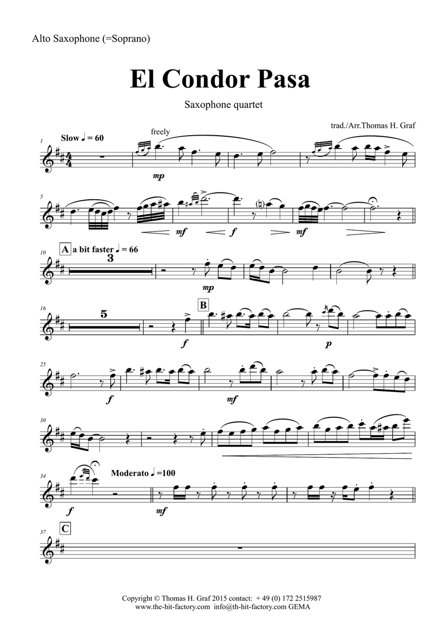 El Condor pasa - Peruvian Folk Song - Saxophone Quartet Saxophone Quartet scores gallery preview page 4