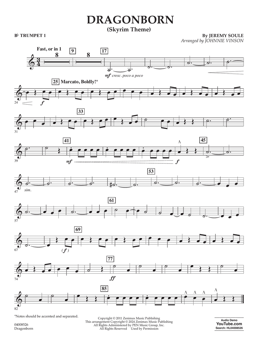 Dragonborn (Skyrim Theme) (arr. Johnnie Vinson) - Bb Trumpet 1 Concert Band scores gallery preview page 1