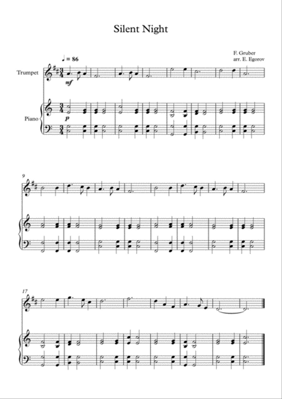 Silent Night, Franz Xaver Gruber, For Trumpet & Piano Trumpet Solo scores gallery preview page 1