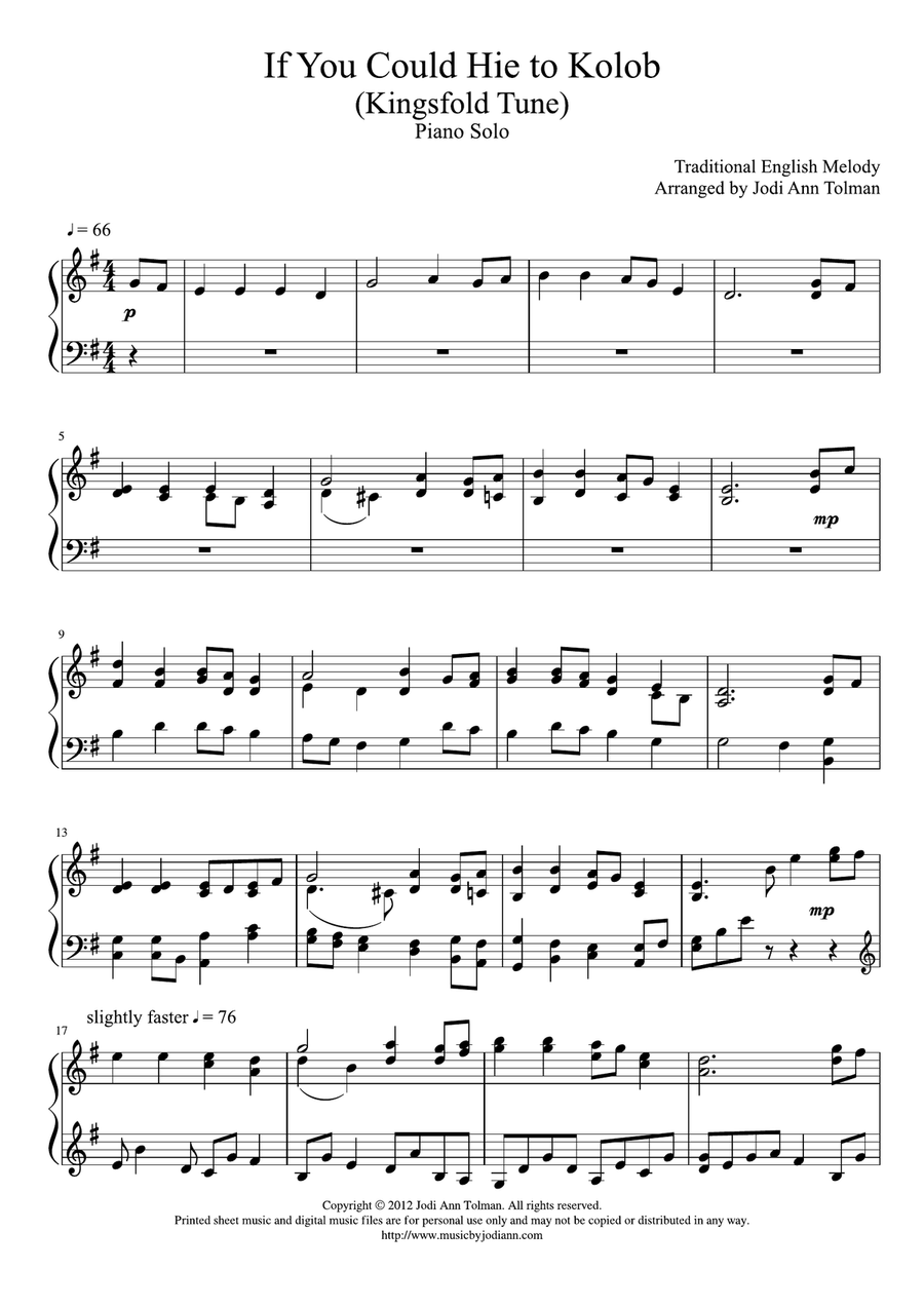 Kingsfold Tune, (If You Could Hie to Kolob), Piano Solo