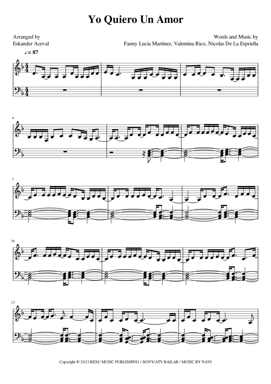 Yo Quiero Un Amor Piano Solo scores gallery preview page 1