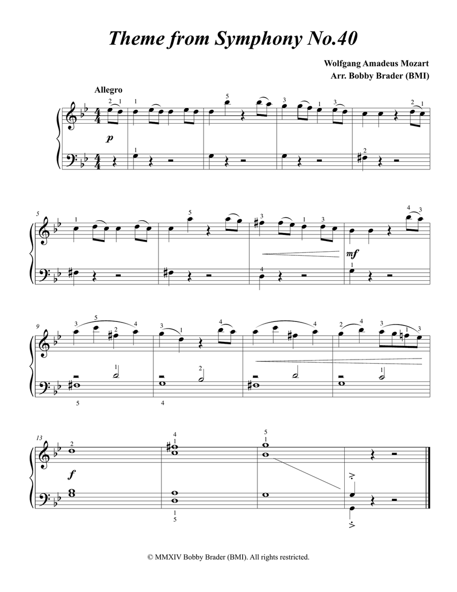 Symphony No.40 by Mozart - EASY PIANO Easy Piano scores gallery preview page 1
