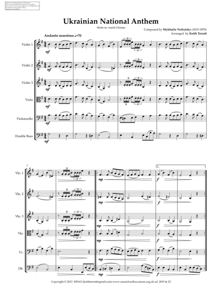 Ukrainian National Anthem for String Orchestra (MFAO World National Anthem Series) image number null