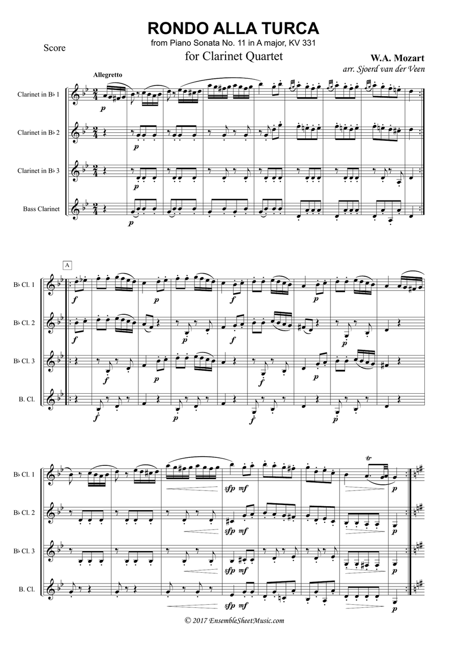 Rondo alla Turca Clarinet Quartet scores gallery preview page 1