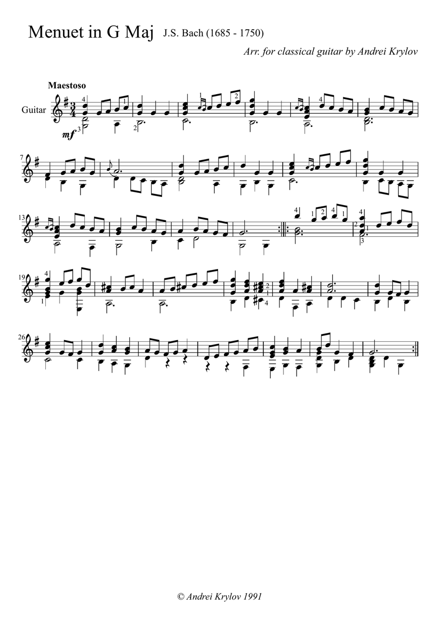 Minuet in G major piece from 1725 Notebook for Anna Magdalena Bach. attributed to Johann Sebastian B Classical Guitar scores gallery preview page 1