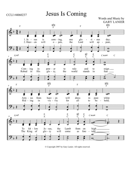 JESUS IS COMING, Hymn Sheet (Includes Melody, Lyrics, Vocal Parts & Chords) image number null
