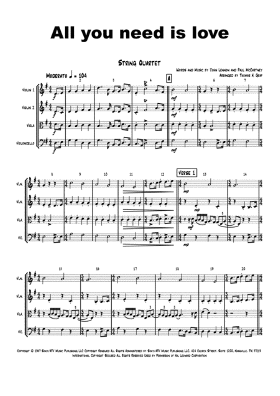 All You Need Is Love String Quartet scores gallery preview page 1