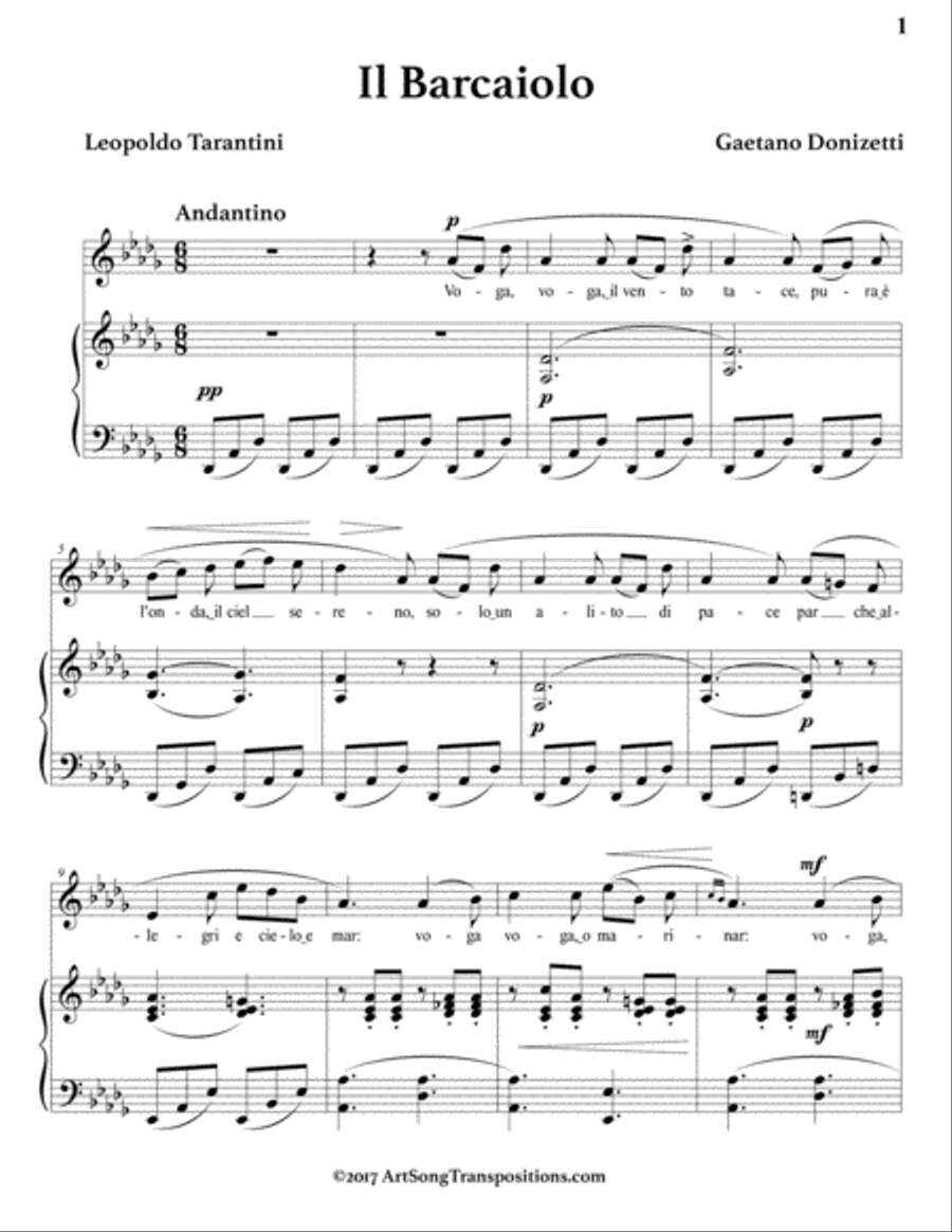 DONIZETTI: Il barcaiolo (transposed to D-flat major) Voice scores gallery preview page 2