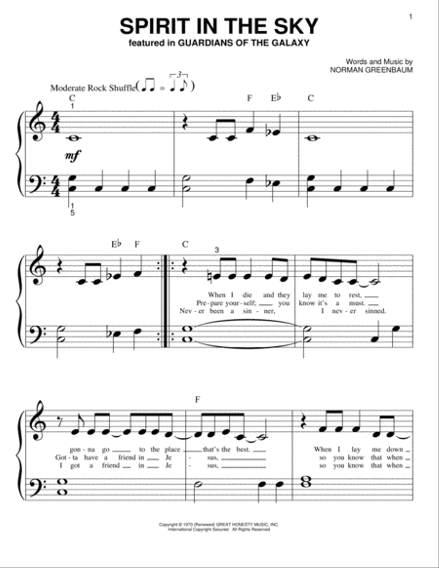 Spirit In The Sky Easy Piano scores gallery preview page 1