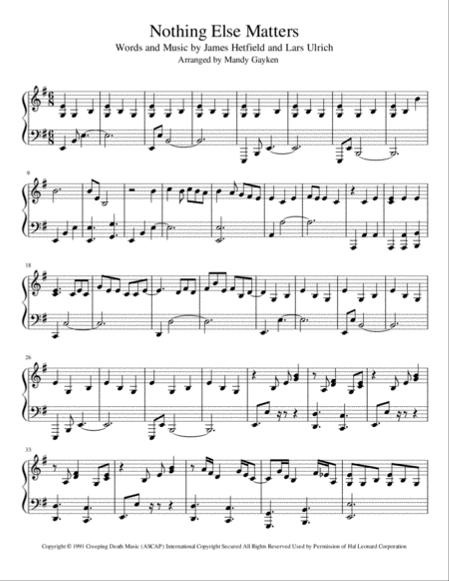 Nothing Else Matters Piano Solo scores gallery preview page 1