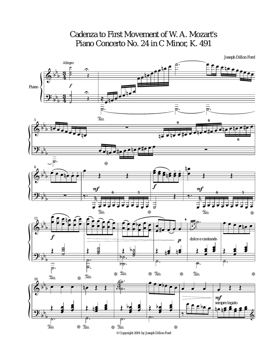 Cadenza to the First Movement of W. A. Mozart's Piano Concerto No. 24 in C Minor, K. 491 - piano sol Piano Solo scores gallery preview page 1