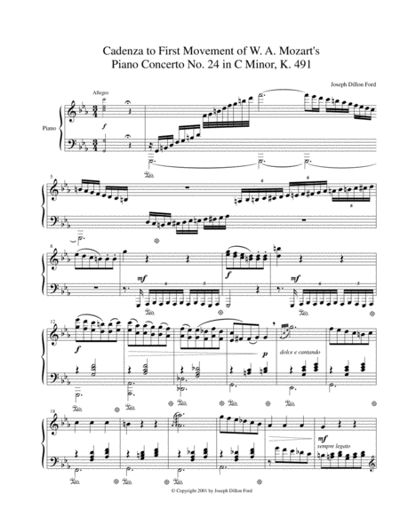 Cadenza to the First Movement of W. A. Mozart's Piano Concerto No. 24 in C Minor, K. 491 - piano sol image number null