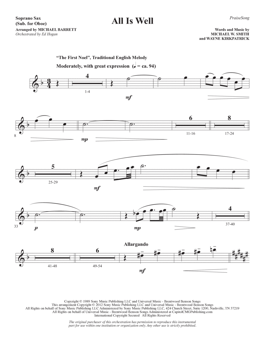 All Is Well (arr. Michael Barrett) - Soprano Sax (sub. Oboe) Choir scores gallery preview page 1