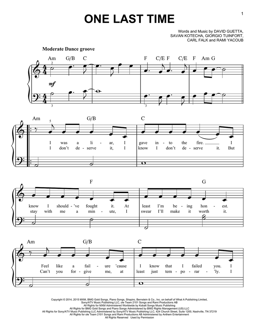 One Last Time Easy Piano scores gallery preview page 1