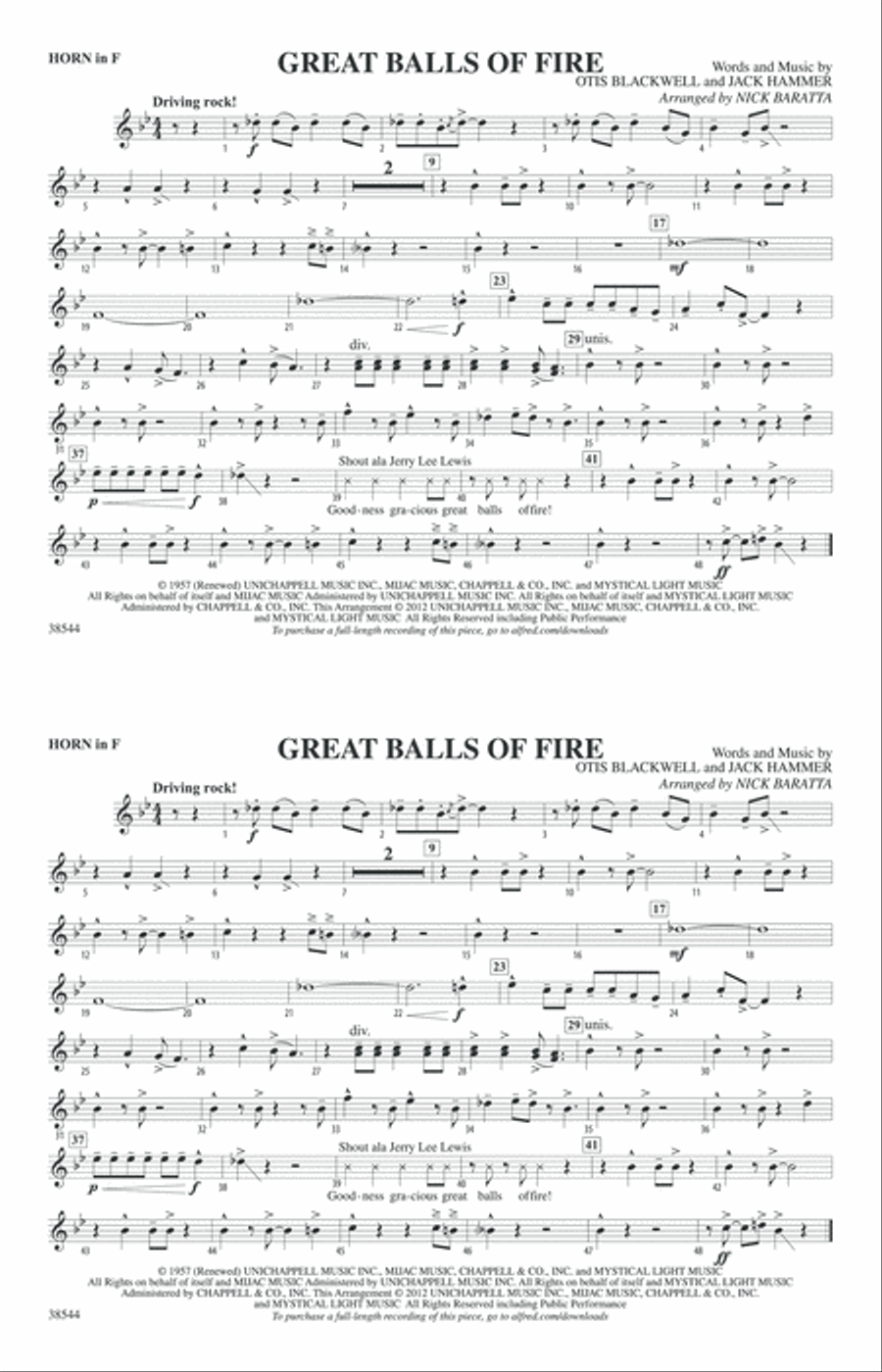Great Balls of Fire: 1st F Horn Marching Band scores gallery preview page 1