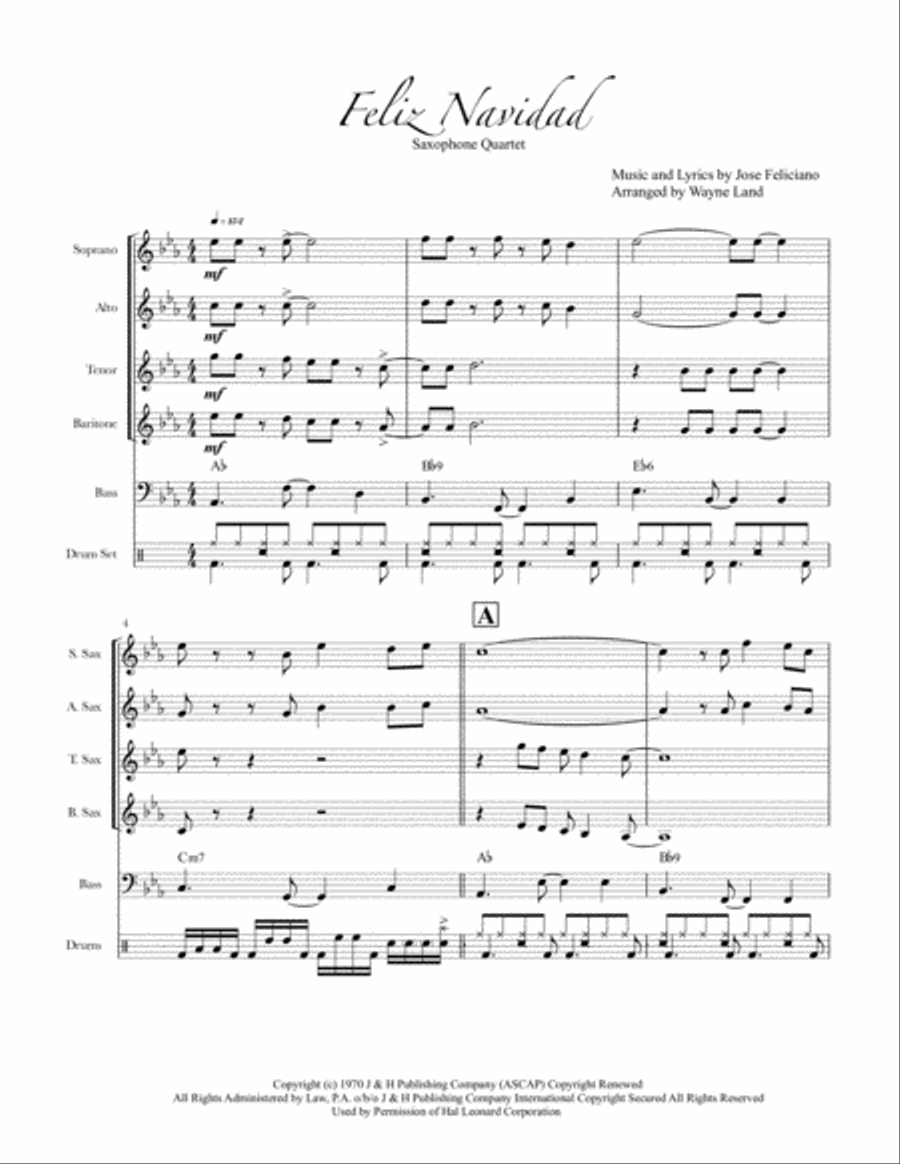 Feliz Navidad Saxophone Quartet scores gallery preview page 1