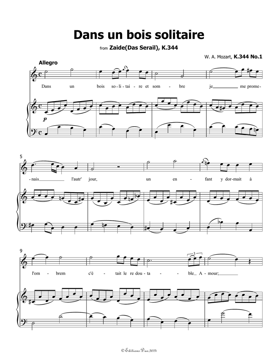 Dans un bois solitaire, by Mozart, K.308/295b, in C Major Piano, Vocal scores gallery preview page 3