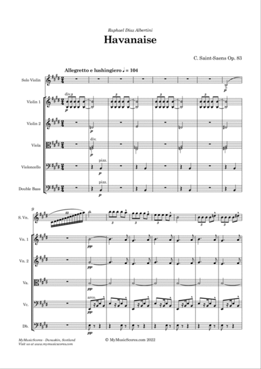 Saint-Saens Havanaise for Solo Violin and String Orchestra String Orchestra scores gallery preview page 2