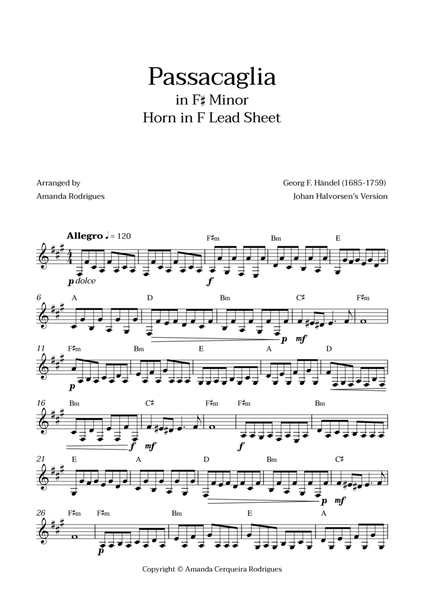 Passacaglia - Easy Horn in F Lead Sheet in F#m Minor (Johan Halvorsen's Version) image number null