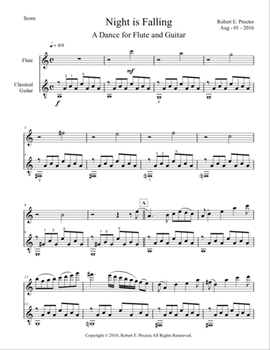 Night Is Falling for Flute (C instrument) and Classical Guitar Small Ensemble scores gallery preview page 1