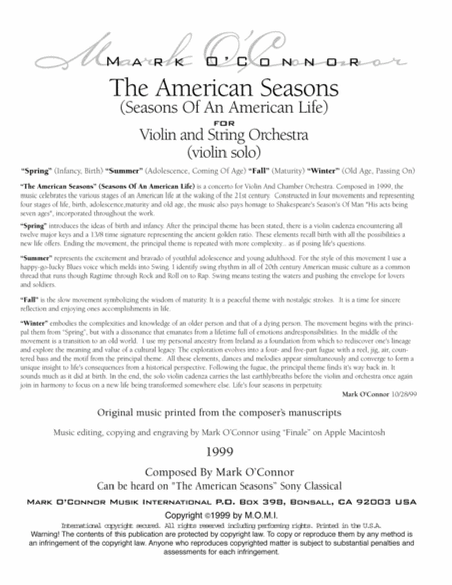 The American Seasons (violin solo part – violin and string orchestra) image number null