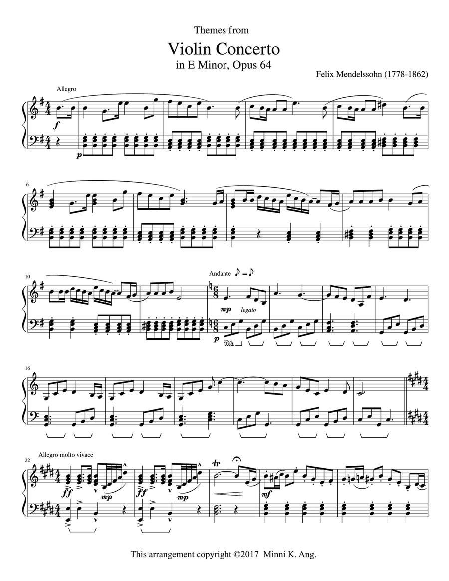 Mendelssohn's 2nd Violin Concerto for Easy Piano Violin Solo scores gallery preview page 1